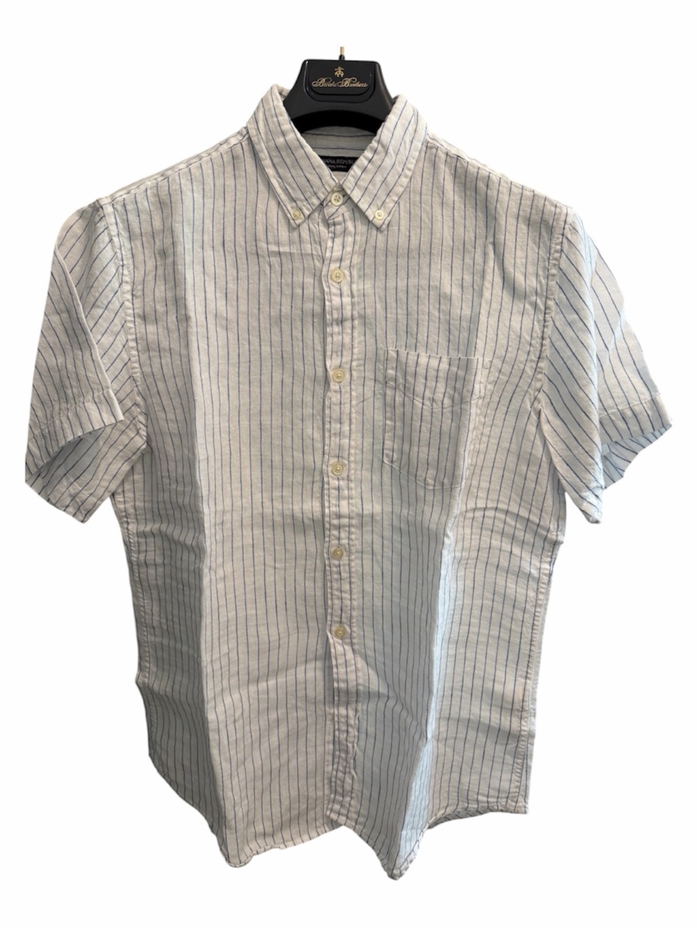BANANA R Men's White Linen  Short-Sleeve Button-Down Shirt with Blue Stripes